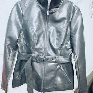 Kenneth Cole Black Faux Leather Belted Zip Jacket